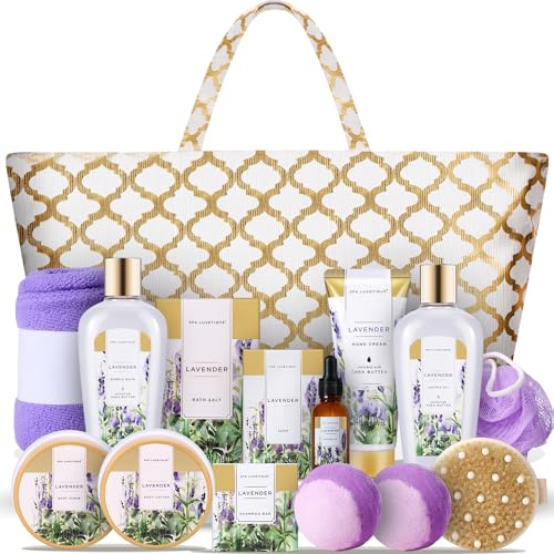 Gift Baskets for Women Spa Gifts for Women 15pcs Lavender Home Spa Kit for Women Gifts Spa Luxetique Bath and Body Gift Sets Tote Bag Gifts for Women Birthday Gifts for Her Mothers Day Gifts for Mom