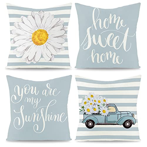 WATINC 4Pcs Spring Summer Daisy Throw Pillow Covers Home Sweet Home You are My Sunshine Pillowcase Truck Stripe Cushion Cases Linen Cloth Decoration for Farmhouse Sofa Home Car Couch 18 x 18 Inch