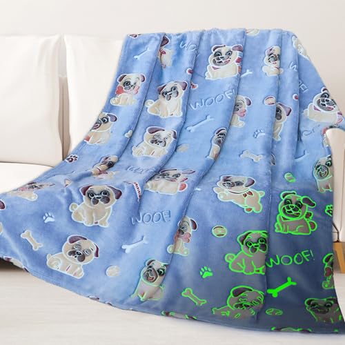 ORDM Glow in The Dark Pug Blanket Dog Pattern Blanket Pug Gifts for Pug Lovers Pug Throw Blanket Fleece for Kids Adults