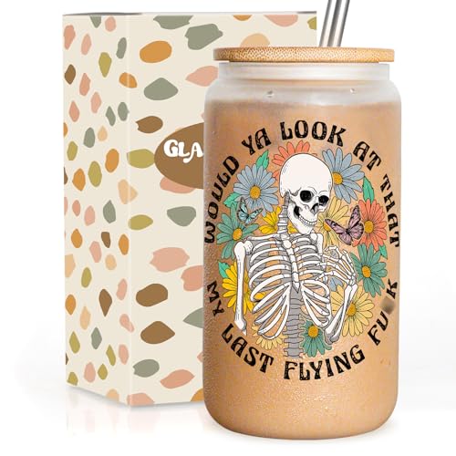 GSPY Skeleton Flower Cup, 16oz Fun Drinking Glasses, Cute Glass Cups with Lids and Straws, Iced Coffee Cups, Funny Skull Tumbler, Witchy Gifts, Mothers Day Gifts for Sister, Mom, Friend, Women