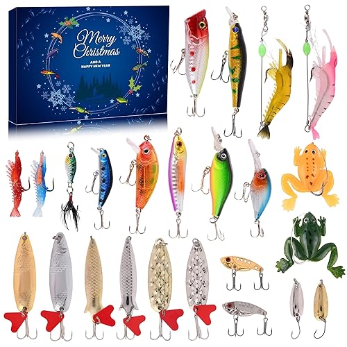 Advent Calendar Fishing Christmas Countdown - 24 Days Fishing Lures Set for Fisher Adult Men Teen Boys - 2024 Xmas Surprise Gift