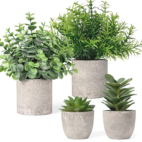 FIAHOSEY Set of 4 Fake Plant Indoor, Artificial Potted Eucalyptus Rosemary Mini Succulents Faux Plants in Paper Pulp Pots for Home Decor Living Room Bedroom Desktop Bookshelf Decoration