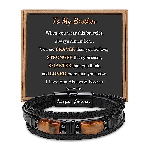JoycuFF Natural Stone Tiger Eye Leather Bracelet for Brother Healing Stress Relief Adjustable Jewelry Men's Bracelet Inspirational Gift Love You Forever