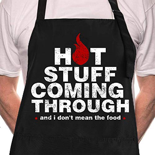 Rosoz Funny BBQ Black Chef Aprons for Men, Hot Stuff Coming Through, Adjustable Kitchen Cooking Aprons with Pocket Waterproof Oil Proof Valentine's Day/Birthday