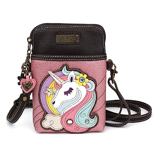 CHALA Cell Phone Crossbody Purse-Women PU Leather/Canvas Multicolor Handbag with Adjustable Strap - Unicorn - glitter pink