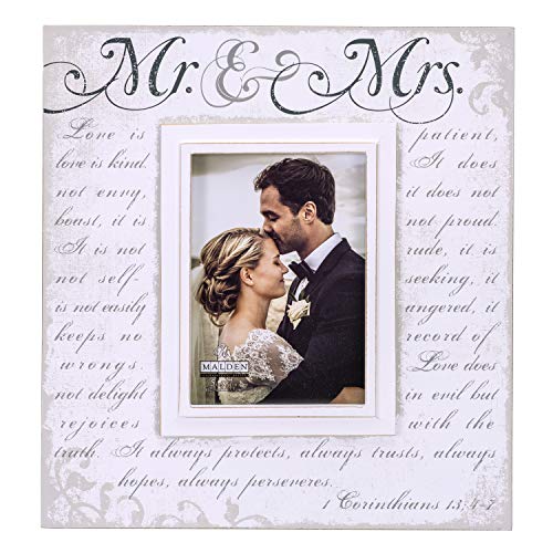 Malden International Designs Silkscreened Corinthians Verse Mr & Mrs Wood Picture Frame, 5x7, Off White