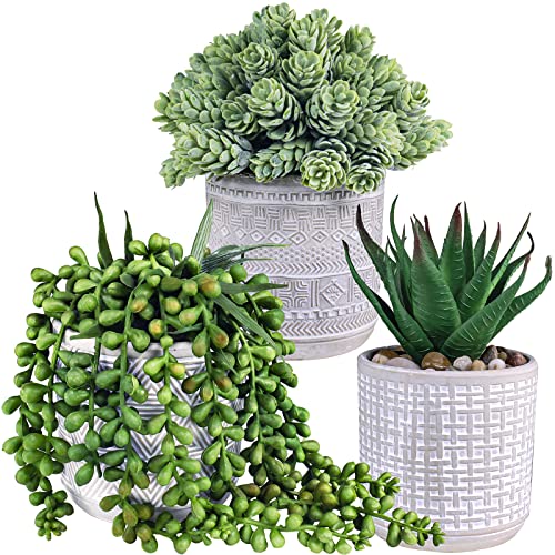 Set of 3 Assorted Small Potted Succulent Plants Fake Aloe String of Pearls Hops Succulents in Gray Geometric Concrete Ceramic Pots for Gifts Modern Home Office Desk Table Indoor Outdoor Greenery Decor