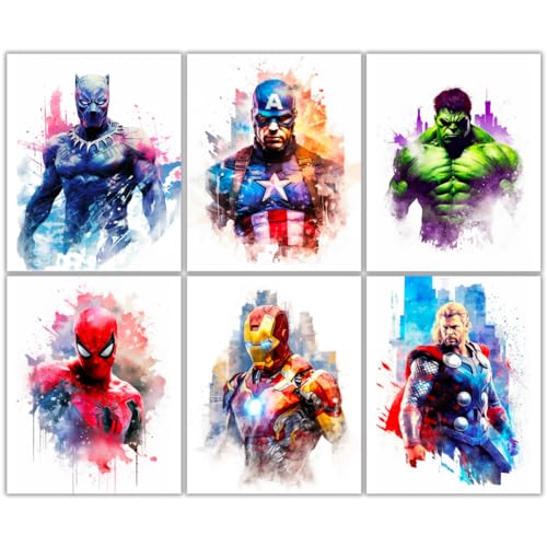 Barlas Design - Marvel 6 Superhero - Captain America, Iron Man, Thor, Hulk, Spiderman, Black panther - Superhero Wall Art - For Kids Adults Boys Bedroom - Great Gift Set of 6-8 x 10 inch - Unframed