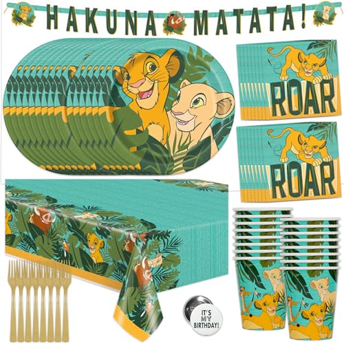 Lion King Birthday Party Supplies | Decorations | Serves 16 Guests | Lion Guard Banner, Table Cover, Plates, Napkins, Cups, Button | Featuring Simba, Nala, Timon, Pumbaa | Baby Shower or Gender Reveal