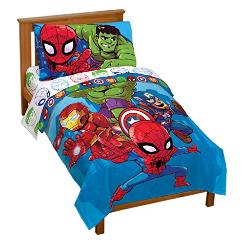 Jay Franco Marvel Super Hero Adventures Avengers Heroes Amigos 4 Piece Toddler Bed Set – Super Soft Microfiber Bed Set – Bedding Features Captain America, Hulk, Iron Man, & Spiderman