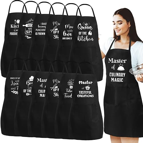 Sliner 12 Pcs Funny Kitchen Baking Cooking Aprons for Women with Pockets Funny Quotes Women Kitchen Aprons Novelty Black Pocket Apron Christmas Wife Mother's Day Birthday Gifts