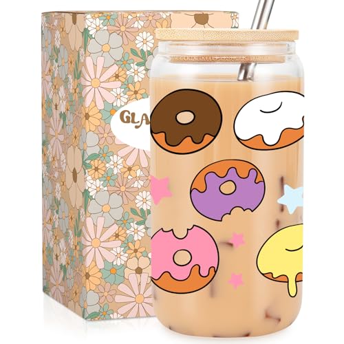 Fairy's Gift Cute Donut Cup, Aesthetic Cups, Iced Coffee Cup, 16 oz Glass Cups w/Lids Straws - Doughnut Party, Donut Party Supplies, Mothers Day Tumbler, Doughnut Gifts for Women Kids Donut Lover