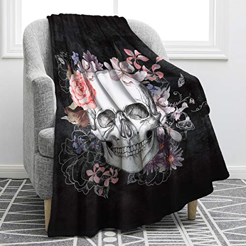 Jekeno Skull Blanket Gifts for Women Men, Rose Skull Throw Blankets for Adult Kids, Halloween Christmas Birthday Valentine's Day Gothic Decor Gifts for Home Bed Couch