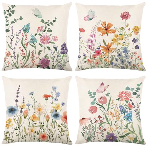 ONFAON Spring Decorations for Home - Spring Pillow Covers 18x18, Outdoor Pillow Covers Spring Farmhouse Throw Pillow Cover Garden Linen Cushion Case for Home Decor