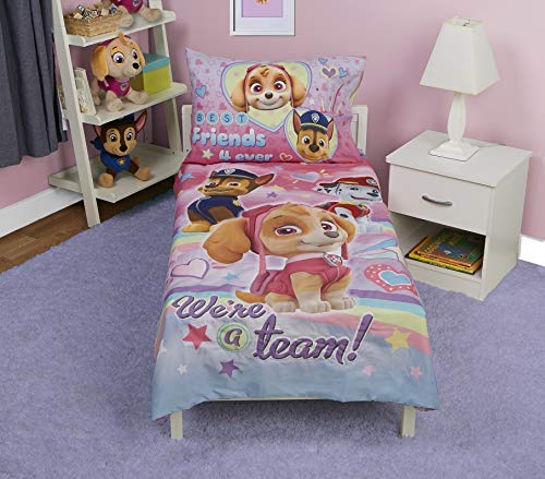 Paw Patrol Skye We're A Team 4 Piece Toddler Bedding Set - Includes Comforter, Sheet Set - Fitted + Top Sheet + Reversible Pillow Case for Girls Bed, Pink