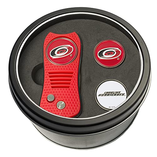 Team Golf NHL Carolina Hurricanes 2 Ball Markers Tin Gift Set with Retractable Divot Tool and 3 Double-Sided Magnetic Ball Markers, Patented Single Prong Design, Causes Less Damage to Greens