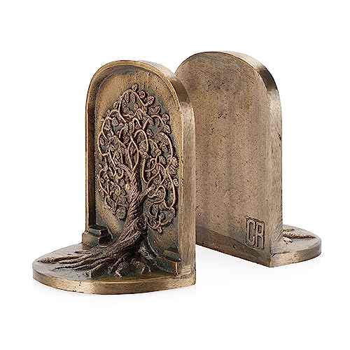 Tree of Life Bookends Set, Antique Brass Tree Book Ends, 2 Decorative Bookends for Shelves or Bookcase, Cast Iron Bookends, Stylish Brass Bookends, Non-Skid Anti-Slip Heavy Bookends, Home Décor Gift