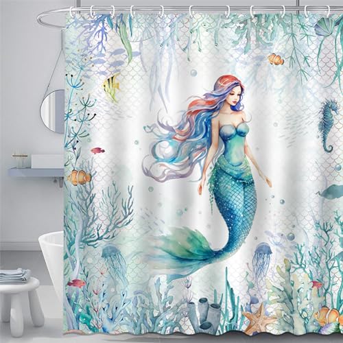 Mocsicka Mermaid Shower Curtain for Kids Girls Blue Ocean Shower Curtain with 12 Hooks Green Coral Seashell Jellyfish Fish Waterproof Fabric Disney Mermaid Bathroom Decor, 72 x 72 Inch