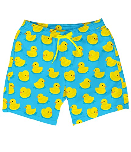 Tipsy Elves Men's Swim Trunks - 7 in Inseam 4-Way Stretch Fabric Compression & Mesh Liner Swimming Shorts for Men Bathing Suit - Yellow Duck Beach Wear - Blue Rubber Ducky Swim Trunks Size Large