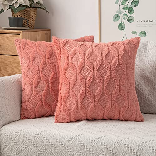 MIULEE Coral Red Throw Pillow Covers 18x18 Set of 2 Spring Decorative Farmhouse Couch Throw Pillows Boho Shells Soft Plush Wool Pillowcases for Bedroom Living Room Sofa