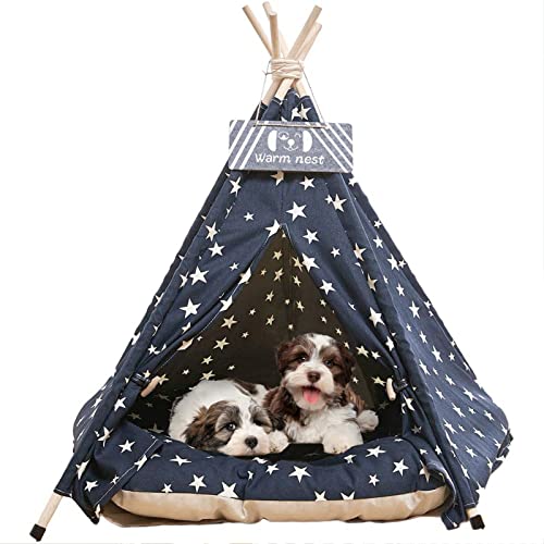 Pet Teepee Tents, 24 Inch Portable Indoor Dog Teepee Bed with Thick Cushion, Washable Navy Blue Stars Pattern Teepee Tent House for Puppy & Cat