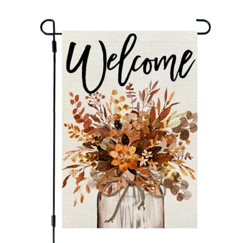 CROWNED BEAUTY Fall Garden Flag 12x18 Inch Double Sided Small for Outside Welcome Burlap Floral Mason Jar Autumn Seasonal Yard Flag CF1151-12
