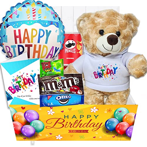Birthday Gift Basket | Care Package for kids w/Teddy Bear, Happy Birthday Balloon & Greeting card, Candy & Snacks. The ultimate variety gift box for boy, girl, teenager, Grandson or Granddaughter