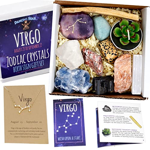 DANCING BEAR Virgo Zodiac Healing Crystals Gift Set (14 Pc): 9 Stones, 18K Gold-Plated Constellation Necklace, Meteorite, Succulent Candle, Palo Santo Smudge Stick & Info Guide, Made in The USA