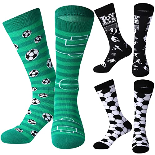 3 Pairs Novelty Soccer Basketball Football Volleyball Softball Gaming Socks Funny Sports Crew Casual Socks Gifts for Women Men (White, Green, Black, Soccer Style)