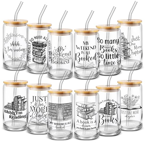 Domensi 12 Pcs Graduation Gift Book Lovers Gifts 16 oz Glass Cups, Library School Can Shaped Glass Cup with Bamboo Lid Glass Straw for Women Men Teacher Readers Book Club Librarians Appreciation Gift