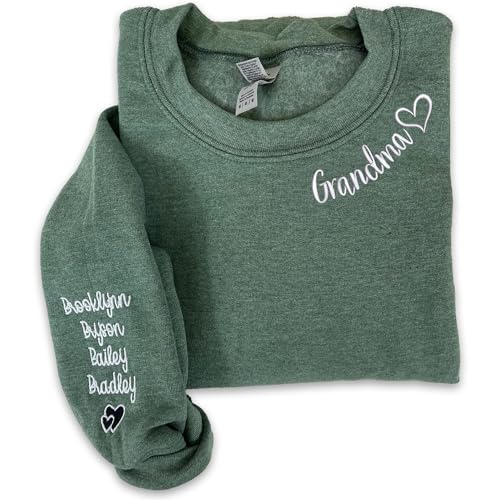 NAZENTI Custom Embroidered Grandma Sweatshirt with Kids Name on Sleeve, Mothers Day Shirt, Gift for New Mom, Personalized Mama Sweatshirt, Mommy Neckline Sweater, Women Christmas Shirt, Grandma Gifts