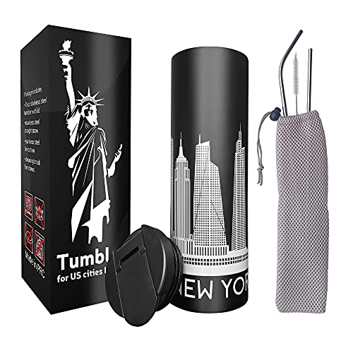 Vacuum Insulated Tumbler with Straw and Flip Lid Stainless Steel Water Bottle Iced Coffee Travel Mug Cup 15oz Gift Box Skyline Map (New York)