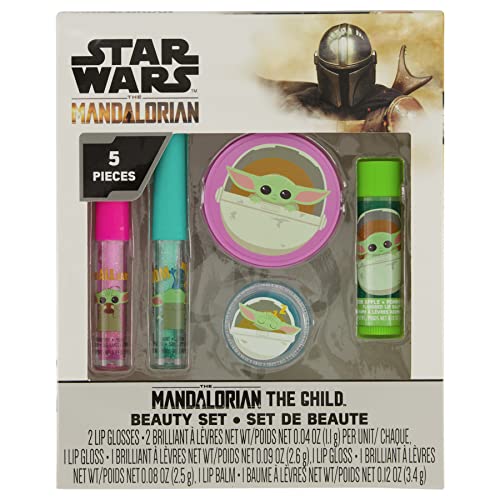 Mandalorian Baby Yoda Die Cut Lip Gloss Beauty Set – Includes 4 Flavored Lip Glosses and 1 Green Apple Flavored Lip Balm, Star Wars Themed Makeup Kit & Baby Yoda Gift Set