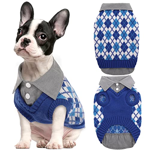 Kuoser Plaid Dog Sweater Warm Clothes, Patchwork Design Pet Dog Knitwear Classic Pullover Puppy Coat Cold Weather Sweatshirts with Leash Hole for Small Medium Cats Dogs (XL, Blue)