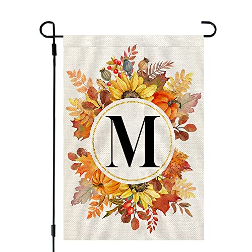 CROWNED BEAUTY Fall Monogram Letter M Garden Flag Sunflower Pumpkin Leaves 12x18 Inch Double Sided Outside Small Burlap Family Last Name Initial Yard Decoration CF992-12