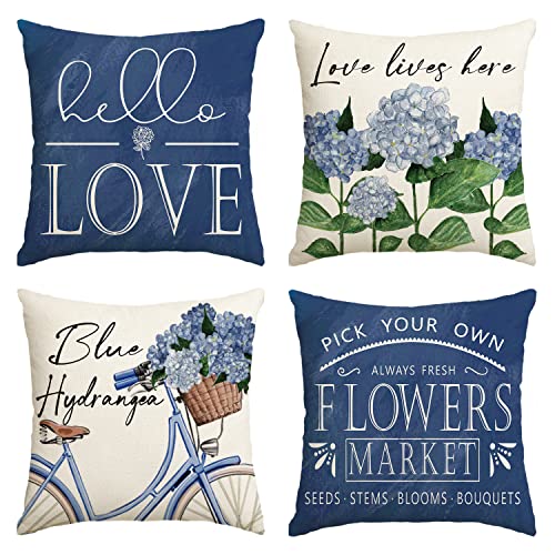 AVOIN colorlife Hello Love Blue Hydrangea Bicycle Throw Pillow Covers, 18 x 18 Inch Flowers Summer Spring Mother's Day Cushion Case for Sofa Couch Set of 4