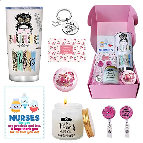 AYGE Nurse Gifts for Women, Nurses Week Gifts 2024- Thoughtful Nurse Appreciation Gift Set - Includes Stainless Steel Tumbler, Candle, Keyring, Bath Bomb, Badge Holder Reel, and Greeting Card