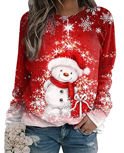 Merry Christmas Shirt for Women Crewneck Funny Snowman Graphic Sweatshirt Casual Holiday Long Sleeve Tops Red