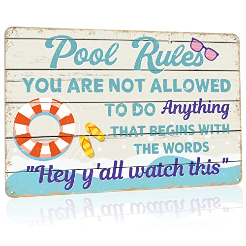 Rousen Pool Decor Sign, Pool Decorations Outdoor, Perfect for Beach, Home, Bar, Pool Deck, and Backyard Walls, Metal Sign Dimensions are 12x8 Inch, 4 Holes for Easy Hanging - Pool Rules