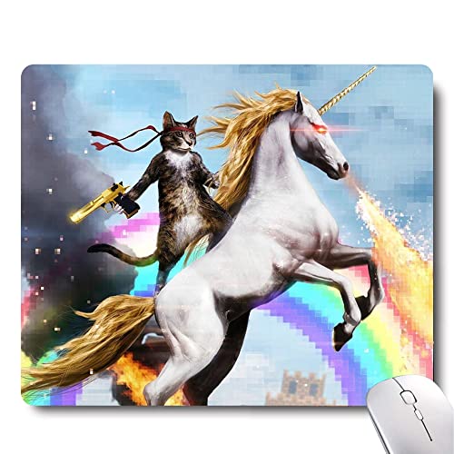 Apottwal MP-0003 Funny Cute Cat Dressed as Rambo with Gun Riding a Glowing Red Eyes Fire Breathing Unicorn Mouse Pad