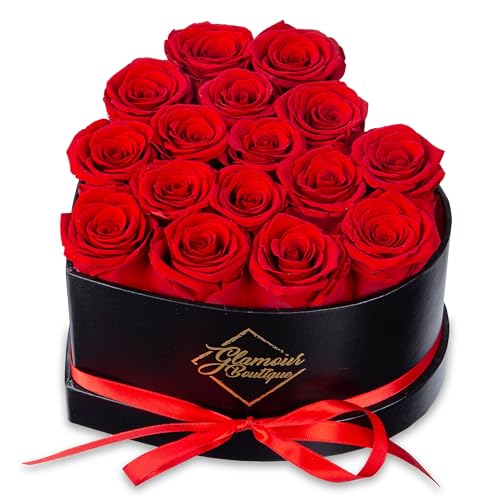 GLAMOUR BOUTIQUE 16-Piece Forever Flowers Heart Shape Box - Preserved Roses, Immortal Roses That Last A Year - Eternal Rose Preserved Flowers for Wife, Mothers Day & Valentines Day Gift for Her - Red