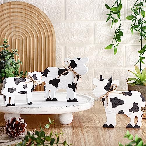 Redbaker 3 Pieces Christmas Wooden Cow Decor Farmhouse Tiered Tray Decor Cow Tabletop Decor Rustic Wooden Block Cow Centerpieces Decorations for Home Office Table Shelf Decor(Black, White)