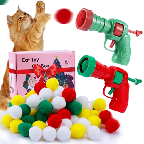 Hggha Cat Toy Balls, Interactive Cat Toys, Cat Balls Toys with 2 Launchers (New Upgraded) and 50 Pom-Poms Balls, Cat Toys for Indoor Cats DIY Set, Suitable for Training. Funny,Colorful,Furry.