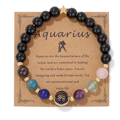 GolbalJew Aquarius Zodiac Bracelets Healing Crystal 12 Constellations Protection Stone Beads Bracelet for Women Birthday Zodiac Gifts Horoscope Spiritual Jewelry