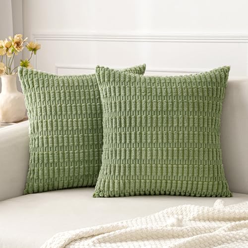 MIULEE Pack of 2 Corduroy Decorative Throw Pillow Covers 18x18 Inch Soft Boho Striped Pillow Covers Modern Farmhouse Home Decor for Spring Sofa Living Room Couch Bed Sage Green