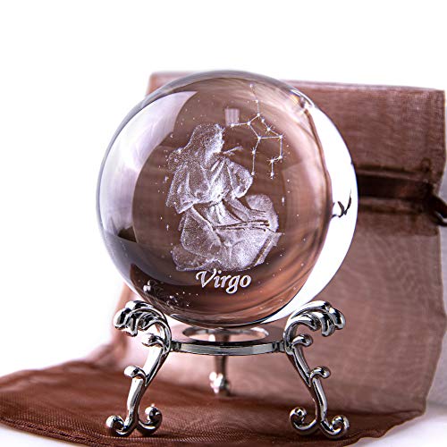 3D Inner Carving Constellation Ball Crystal Paperweight Full Sphere Glass Fengshui With Sliver-Plated Flowering Stand(Virgo)