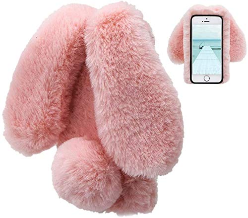 LCHDA Rabbit Case for iPhone SE 2nd Generation/iPhone 8/iPhone 7(4.7'), Bunny Ear Case for Girls Fuzzy Cute Warm Winter Soft Furry Fluffy Fur Hair Plush Protective TPU Bumper Skin Cover - Pink