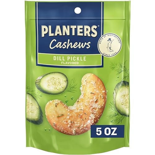 PLANTERS Dill Pickle Cashews, Whole Cashews, Individual Packs, Party Snacks, Plant-Based Protein, Quick Snack for Adults, After School Snack, Flavored Cashew, Roasted with Sea Salt, Kosher, 5oz Bag