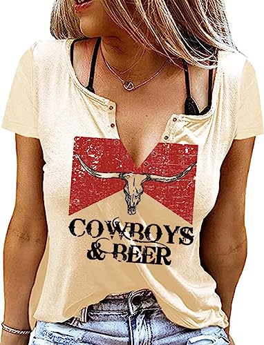 Cowboys & Beer Steer Skull Shirt Women Vintage Country Music Tshirt Retro Western Cowboy Rodeo Blouse Tees Tops (Beige L)