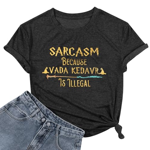 FASHGL Magic T-Shirt Women Funny Sarcasm Letter Graphic Tee Casual Holiday Magic School Short Sleeve Tops Dark Gray